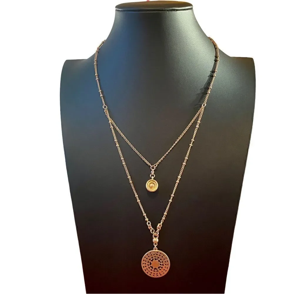 Beautiful Double Chain Matte Gold Toned Pave Crystal Pendant Necklace .